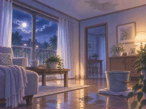 雨漏りが止まり水滴のない静かな夜の部屋