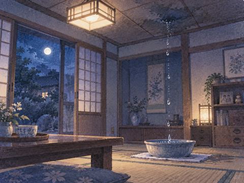 夜の懐かしい和室で雨漏りしている実家のような室内