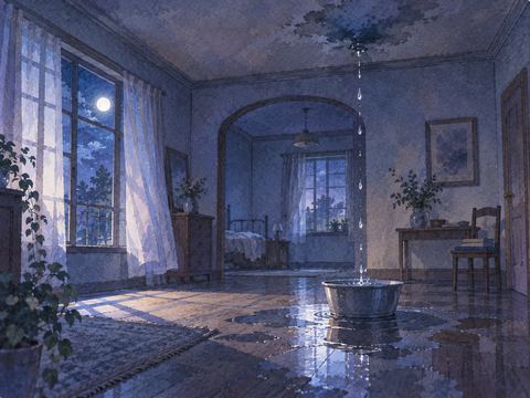 見覚えのない夜の部屋で雨漏りしている場面