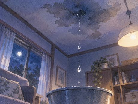夜の室内で天井の染みから雨水が落ちる様子