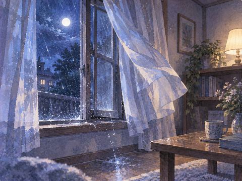 夜の開いた窓から室内へ雨が吹き込む場面