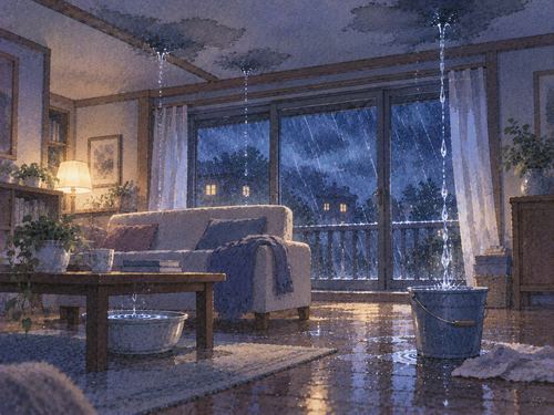 激しい雨の夜に複数の場所から雨漏りする室内