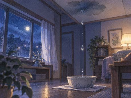 小雨の夜に天井から一滴ずつ雨水が落ちる室内