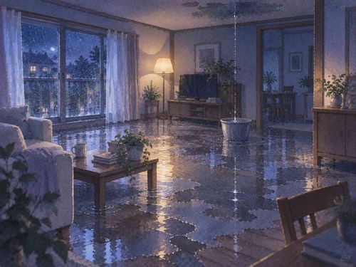 夜の部屋の床一面に雨漏りの水が広がっている場面