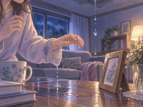 室内の雨漏りで女性の袖とテーブルの写真立てが濡れる場面