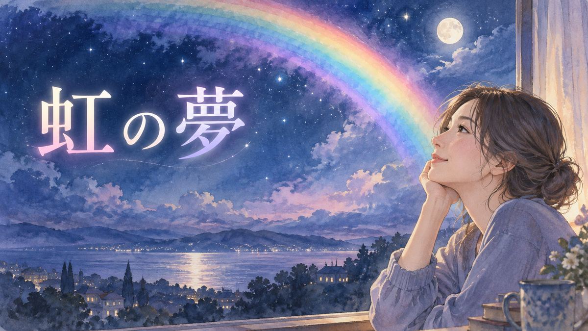夜空の虹を見上げる大人の女性