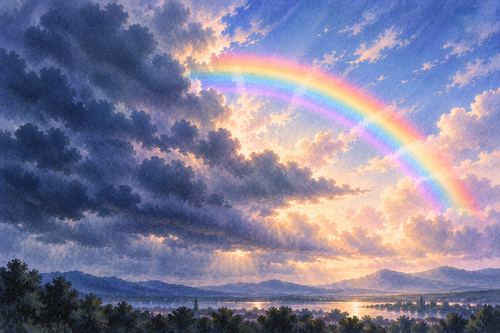 厚い雲の切れ間から見える虹