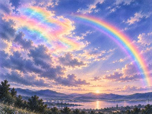 虹色に染まる雲と虹が並ぶ夢の空