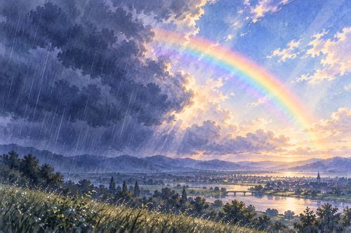 雲の切れ間から虹が現れる空