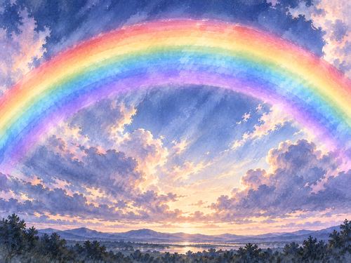 空いっぱいに広がる大きく太い虹