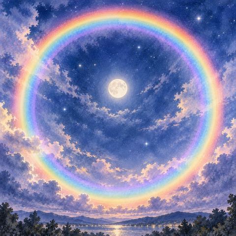 夜空に円を描く丸い虹