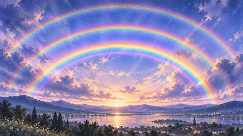 空に三本重なって現れる虹