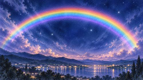 星の少ない夜空に静かに浮かぶ虹