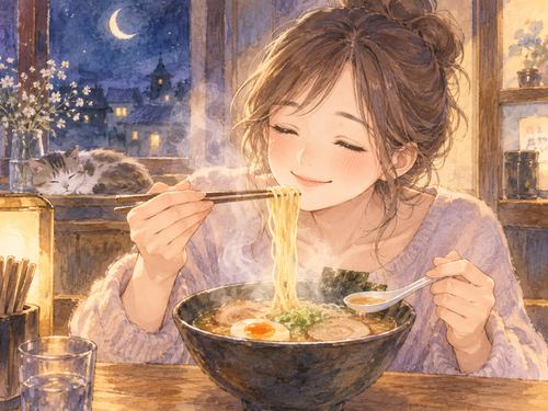 湯気の立つラーメンを幸せそうに味わう女性