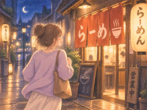 夜のラーメン屋へ向かう女性