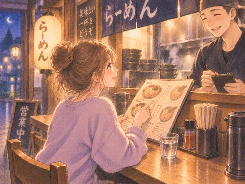 ラーメン屋で注文する女性