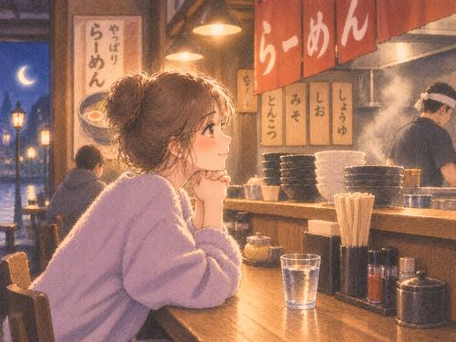 ラーメン屋の席で一杯を待つ女性