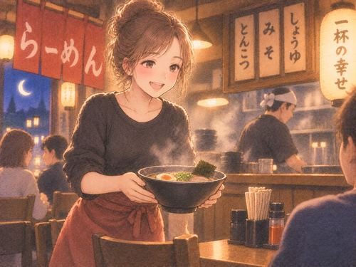 ラーメン屋で一杯を運ぶ女性