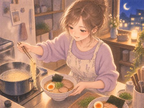 台所で自分のラーメンを作る女性