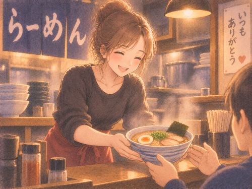 誰かのためにラーメンを仕上げる女性
