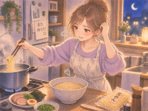 ラーメン作りに失敗して困る女性