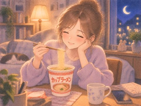 カップラーメンを食べてほっとする女性