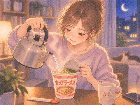 カップラーメンにお湯を注ぐ女性