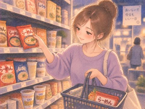 店でインスタントラーメンを選ぶ女性