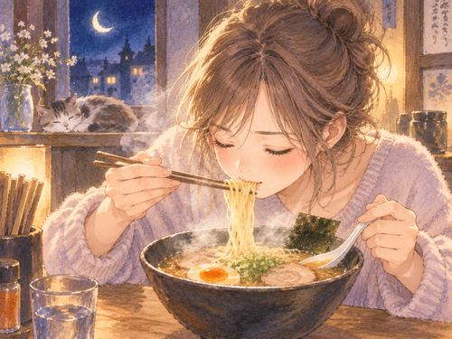 ラーメンを夢中ですする女性