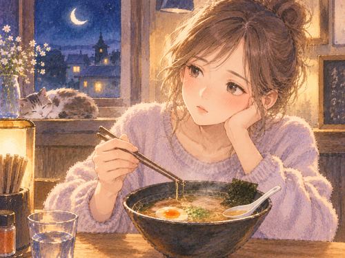 食べかけのラーメンを前に物足りなさを感じる女性