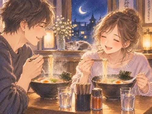 二人でラーメンを囲み穏やかに笑う場面