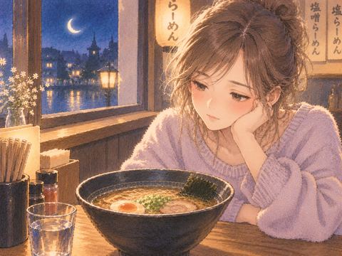 湯気が消えた冷めたラーメンを見つめる女性