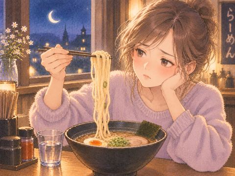 伸びた麺を箸で持ち上げ困った表情の女性