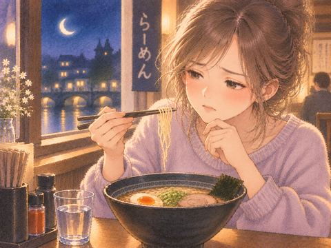ラーメンを一口食べて違和感を覚える女性
