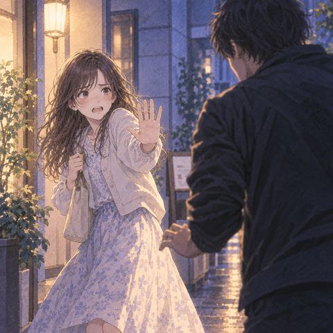 近づく男性に手を上げて拒否を示すアザミ