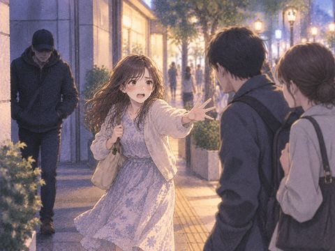 男性から距離を取り通行人に助けを求めるアザミ