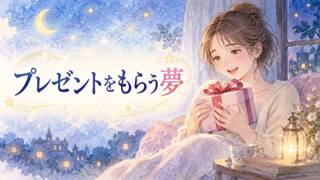 夜の窓辺で贈り物を抱き微笑む大人の女性