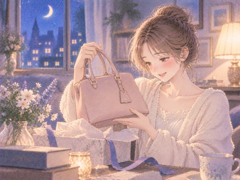 贈られたバッグを手に重さを確かめる女性