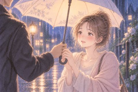 雨の中で傘を受け取りほっとする女性