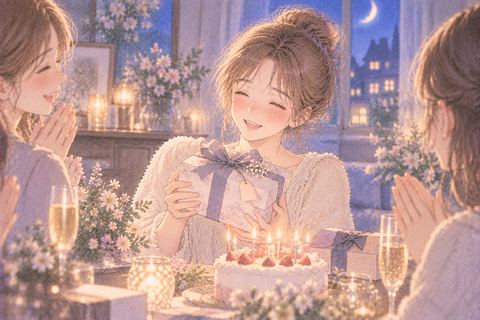 誕生日の贈り物を受け取り喜ぶ女性