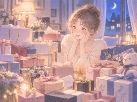 たくさんの贈り物に囲まれ驚く女性