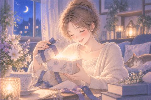 プレゼントを開いて笑顔になる女性