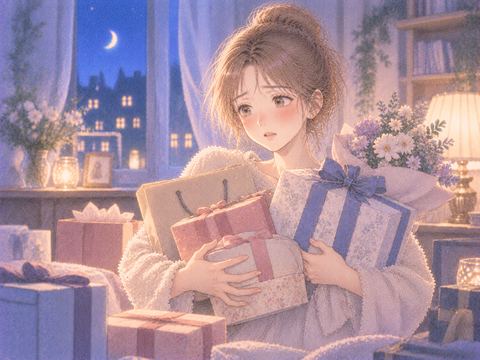 贈り物を手に困った表情をする女性
