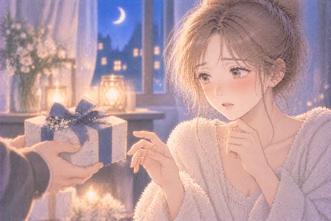 差し出された贈り物へ手を伸ばしかける女性
