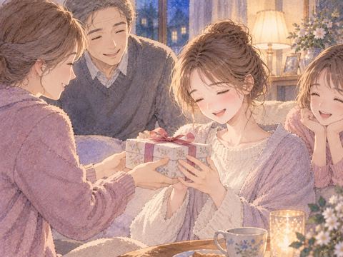 家族から贈り物を受け取りほっとする女性