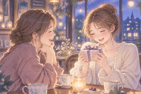 友達から贈り物を受け取り笑い合う女性たち