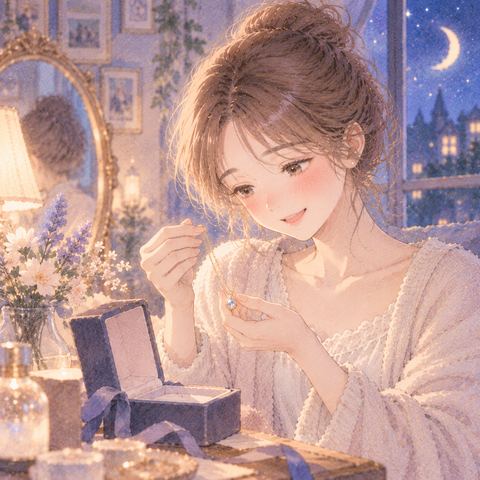 贈られたネックレスを手に取る女性