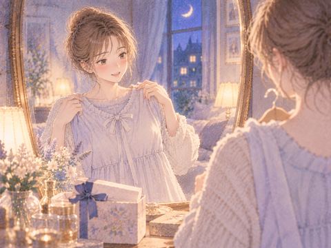 贈られた服を体に合わせて見る女性