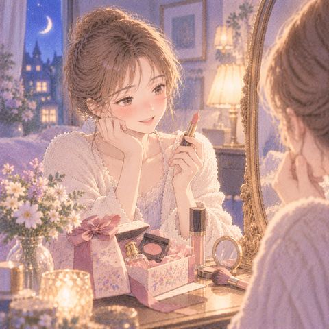 贈られた化粧品を鏡の前で見る女性
