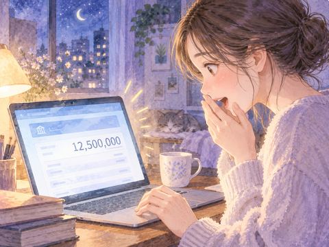 大きく増えた口座残高を見て驚く人物の手元